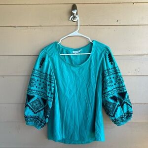 Chico's Green Tribal Bubble Sleeve Blouse - Size L Boho Hippie Peasant
